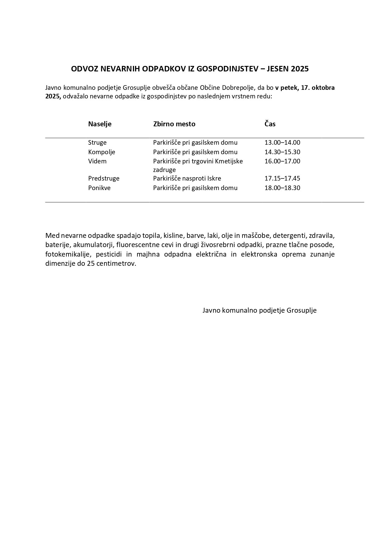 18. OBVESTILA - Akcija zbiranja nevarnih odpadkov v Občini Dobrepolje - jesen - 2025 - lekt_page-0001